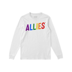 The Allies Rainbow T-shirt features ALLIES in vibrant rainbow colors across the chest, symbolizing bold LGBTQ+ support. The i