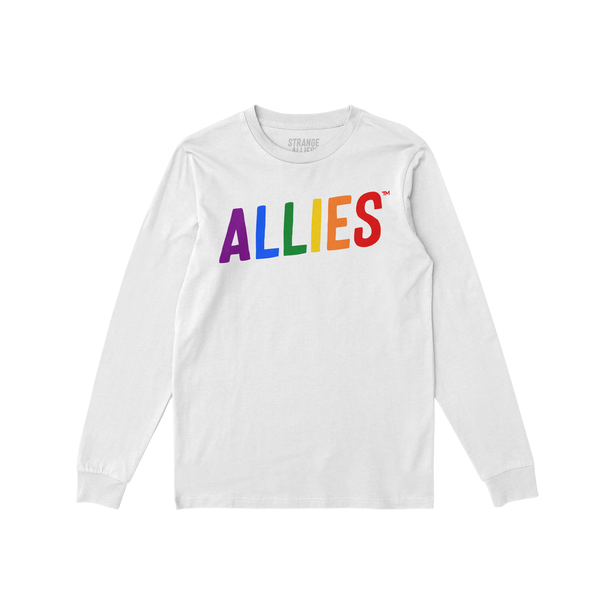 The Allies Rainbow T-shirt features ALLIES in vibrant rainbow colors across the chest, symbolizing bold LGBTQ+ support. The i