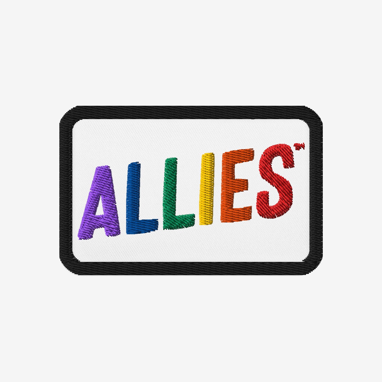Allies Rainbow Patch: A rectangular embroidered patch with ALLIES in vibrant rainbow colors on a white background, symbolizing LGBTQ+ support and allyship, perfect for expressing unity and inclusivity.
