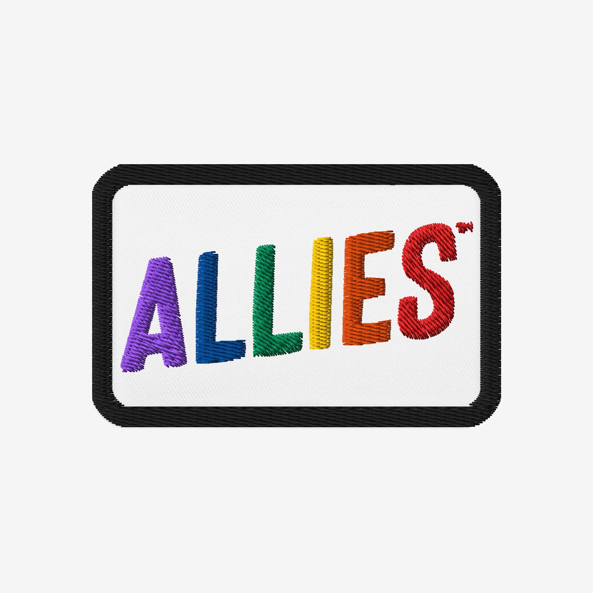 Allies Rainbow Patch: A rectangular embroidered patch with ALLIES in vibrant rainbow colors on a white background, symbolizing LGBTQ+ support and allyship, perfect for expressing unity and inclusivity.