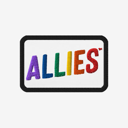 Allies Rainbow Patch: A rectangular embroidered patch with ALLIES in vibrant rainbow colors on a white background, symbolizing LGBTQ+ support and allyship, perfect for expressing unity and inclusivity.