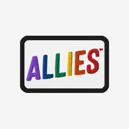 Allies Rainbow Patch: A rectangular embroidered patch with ALLIES in vibrant rainbow colors on a white background, symbolizing LGBTQ+ support and allyship, perfect for expressing unity and inclusivity.