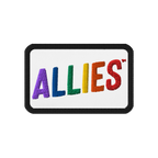 Allies Rainbow Patch: A rectangular embroidered patch with ALLIES in vibrant rainbow colors on a white background, symbolizin