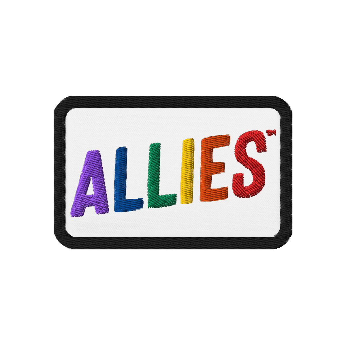 Allies Rainbow Patch: A rectangular embroidered patch with ALLIES in vibrant rainbow colors on a white background, symbolizin