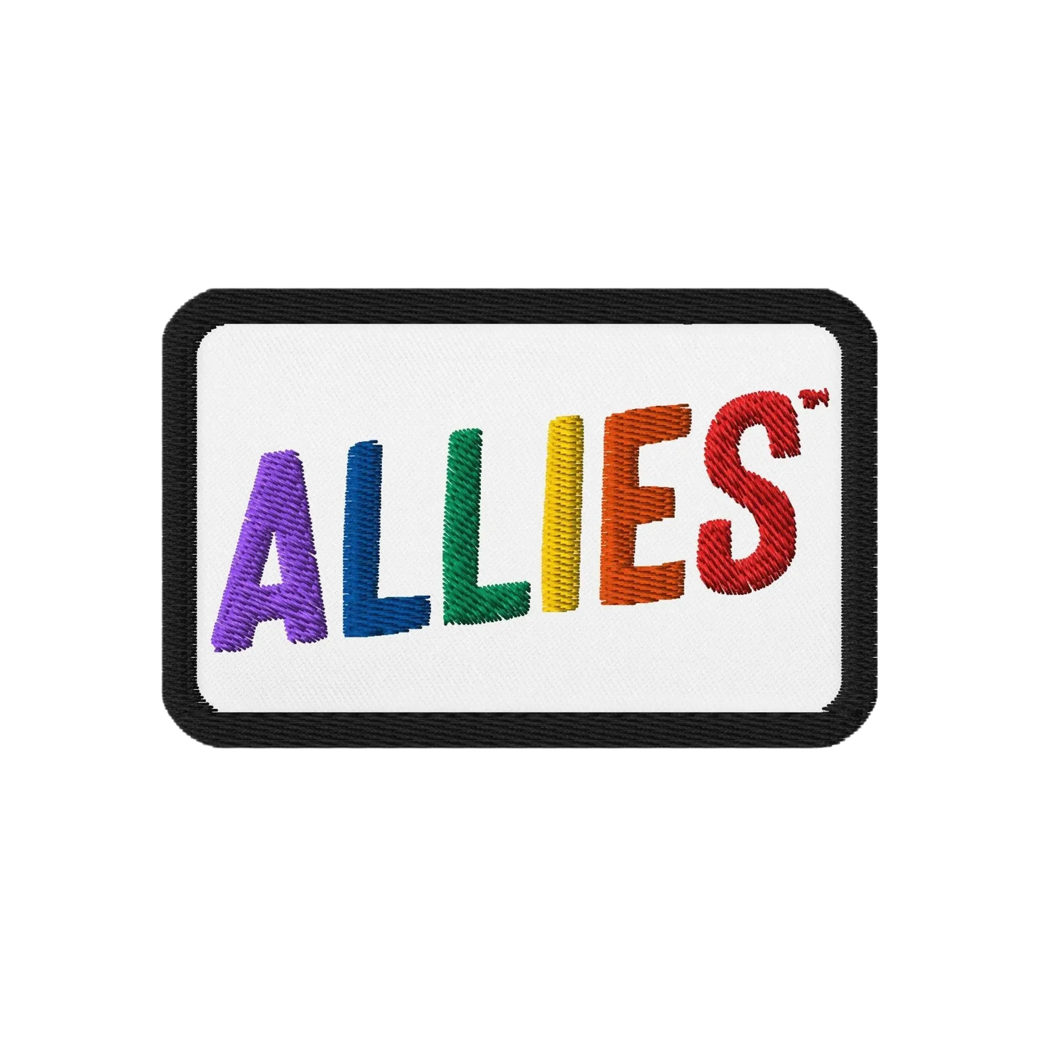 Allies Rainbow Patch: A rectangular embroidered patch with ALLIES in vibrant rainbow colors on a white background, symbolizing LGBTQ+ support and allyship, perfect for expressing unity and inclusivity.
