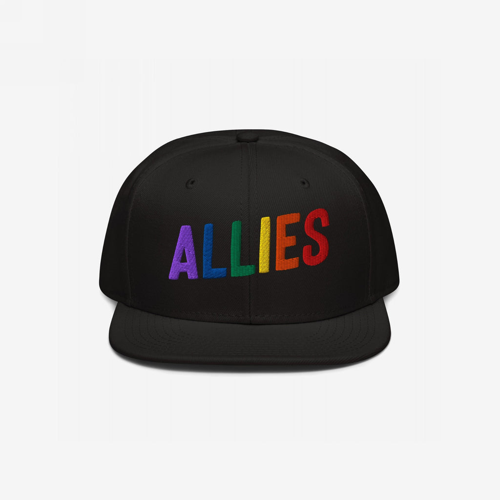 The Allies Rainbow Hat features vibrant ALLIES embroidery in rainbow colors on a black flat-bill cap, symbolizing strong support for LGBTQ+ rights and equality.