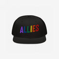 The Allies Rainbow Hat features vibrant ALLIES embroidery in rainbow colors on a black flat-bill cap, symbolizing strong support for LGBTQ+ rights and equality.