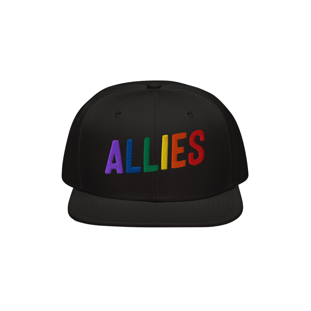 The Allies Rainbow Hat features vibrant ALLIES embroidery in rainbow colors on a black flat-bill cap, symbolizing strong supp