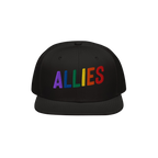 The Allies Rainbow Hat features vibrant ALLIES embroidery in rainbow colors on a black flat-bill cap, symbolizing strong supp