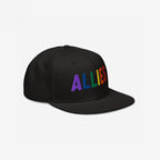 The Allies Rainbow Hat features ALLIES in vibrant rainbow embroidery on a black, flat-bill snapback, symbolizing LGBTQ+ solidarity and pride. Perfect for advocates showcasing support and equality.