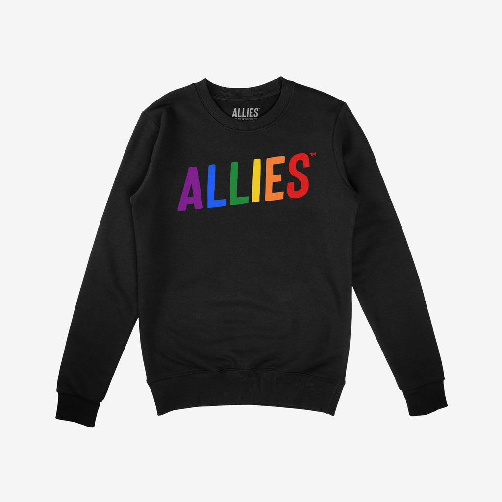 Allies Rainbow Hoodie & Sweatshirt features ALLIES in bold, rainbow letters on a black crew-neck, symbolizing pride and unity. Perfect for expressing support and inclusion.