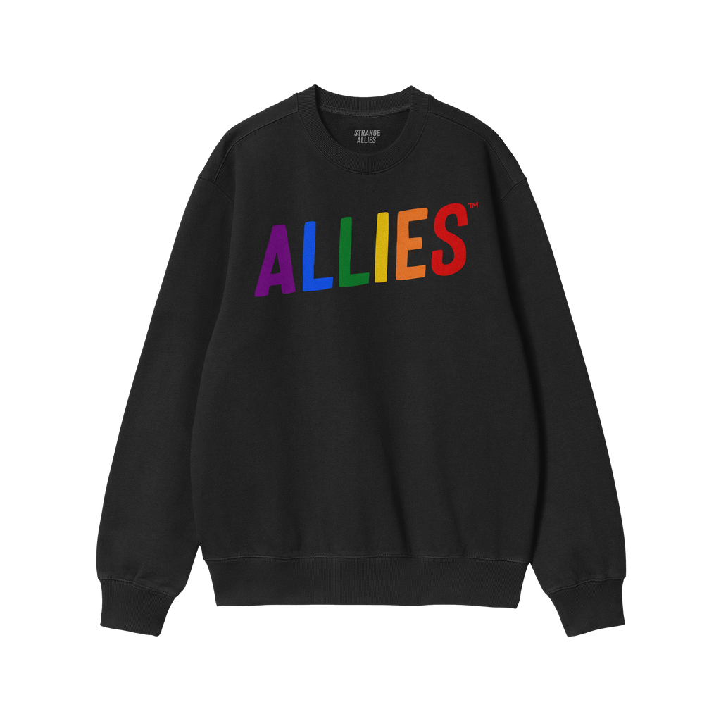 Allies Rainbow Hoodie & Sweatshirt features ALLIES in bold, rainbow letters on a black crew-neck, symbolizing pride and unity