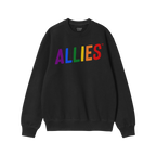 Allies Rainbow Hoodie & Sweatshirt features ALLIES in bold, rainbow letters on a black crew-neck, symbolizing pride and unity