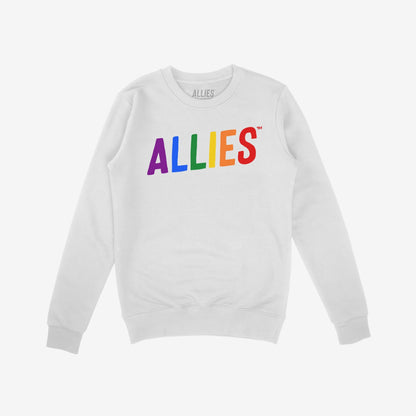 The Allies Rainbow Hoodie & Sweatshirt features a white, long-sleeve crewneck with ALLIES in rainbow letters, symbolizing pride and solidarity, reinforcing support for the LGBTQ+ community.