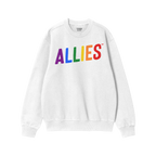 The Allies Rainbow Hoodie & Sweatshirt features a white, long-sleeve crewneck with ALLIES in rainbow letters, symbolizing pri