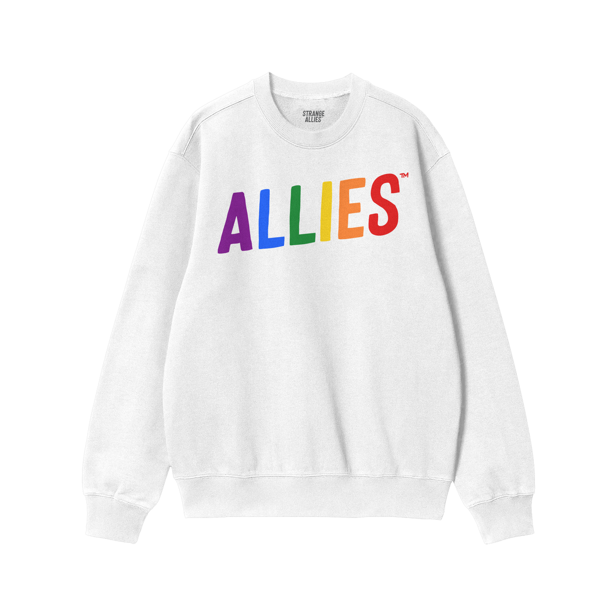 The Allies Rainbow Hoodie & Sweatshirt features a white, long-sleeve crewneck with ALLIES in rainbow letters, symbolizing pri