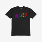 Plain black Allies Rainbow T-shirt with “ALLIES” in vibrant rainbow letters across the chest, embodying bold LGBTQ+ support and community solidarity. Ideal for those who stand against injustice.