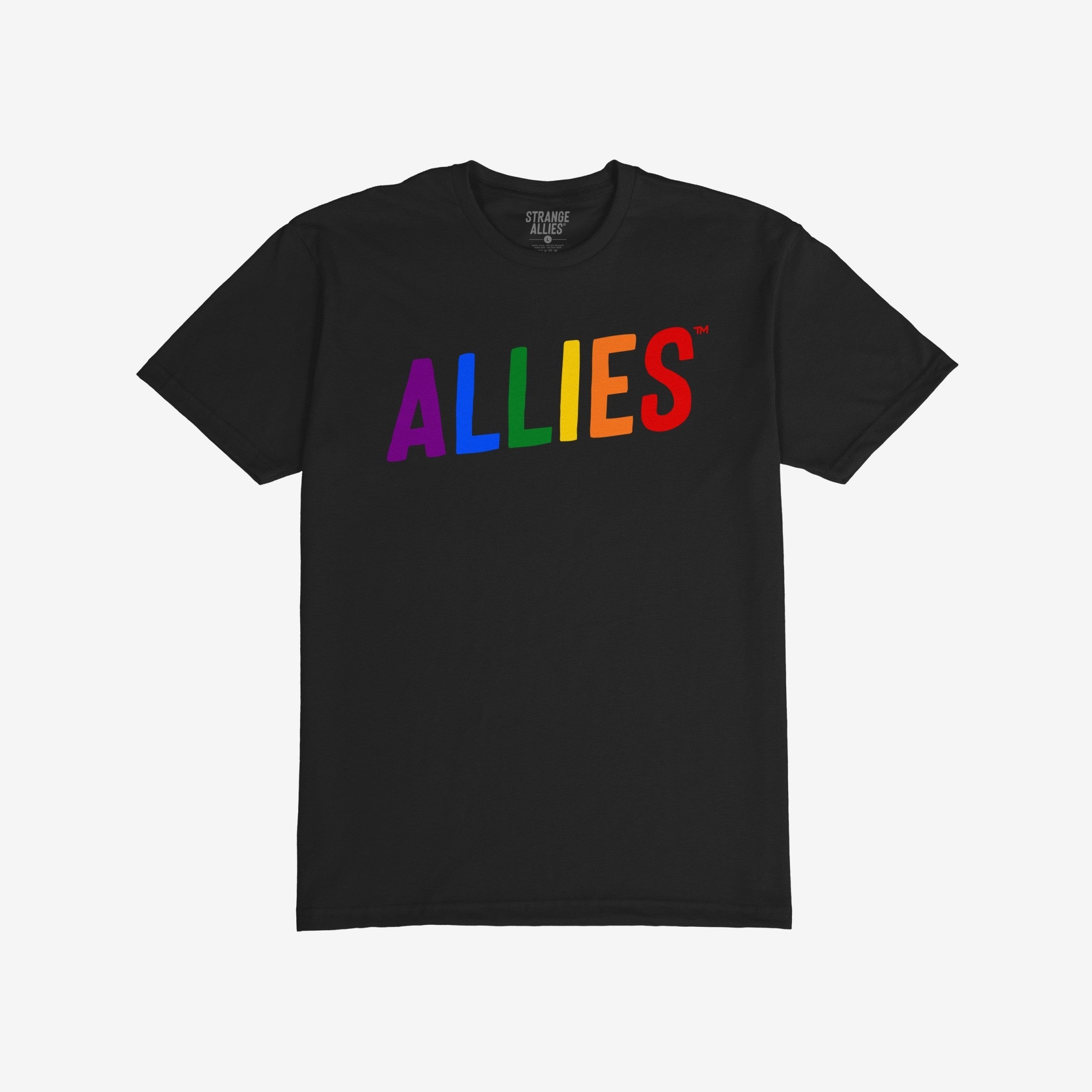 Plain black Allies Rainbow T-shirt with “ALLIES” in vibrant rainbow letters across the chest, embodying bold LGBTQ+ support and community solidarity. Ideal for those who stand against injustice.