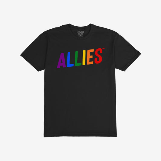 Plain black Allies Rainbow T-shirt with “ALLIES” in vibrant rainbow letters across the chest, embodying bold LGBTQ+ support and community solidarity. Ideal for those who stand against injustice.