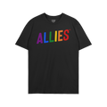 Plain black Allies Rainbow T-shirt with “ALLIES” in vibrant rainbow letters across the chest, embodying bold LGBTQ+ suppo