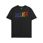 Plain black Allies Rainbow T-shirt with “ALLIES” in vibrant rainbow letters across the chest, embodying bold LGBTQ+ suppo