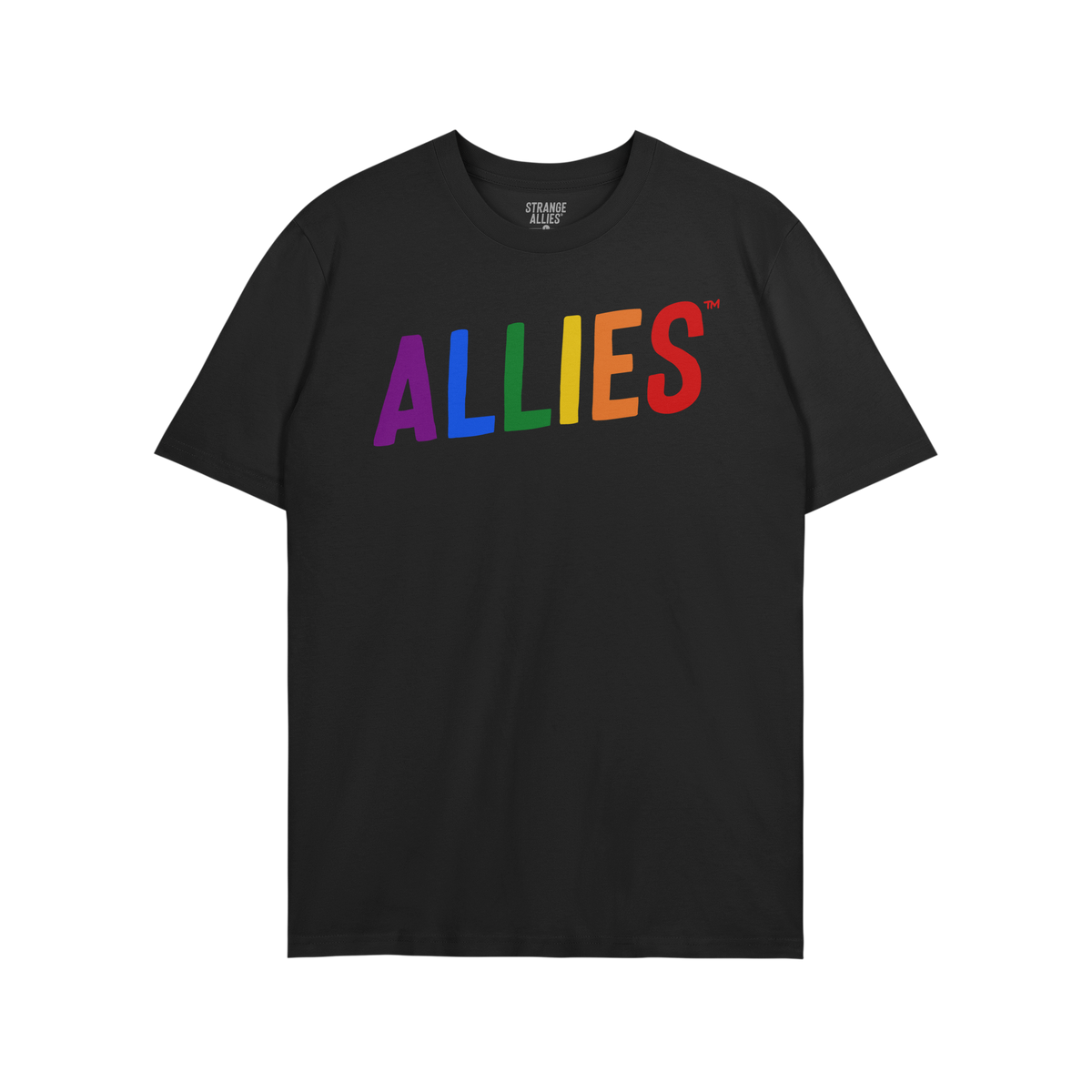Plain black Allies Rainbow T-shirt with “ALLIES” in vibrant rainbow letters across the chest, embodying bold LGBTQ+ suppo