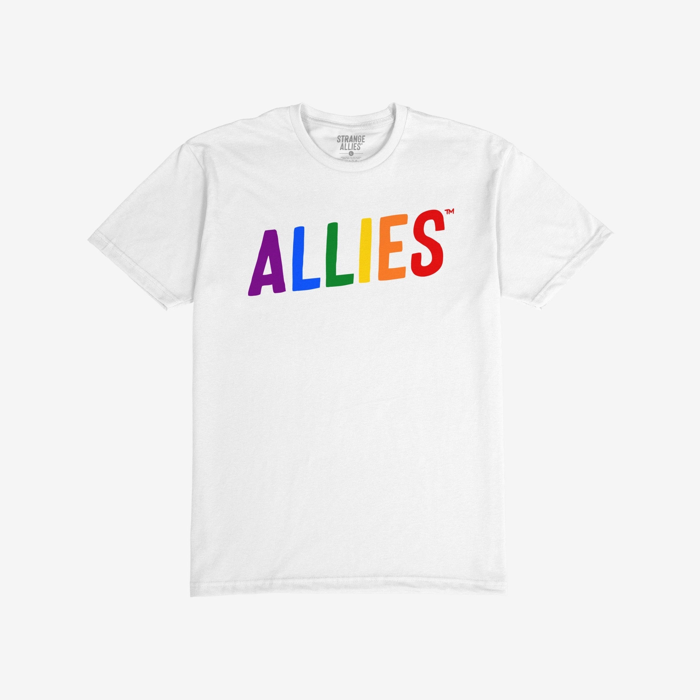 White Allies Rainbow T-shirt with ALLIES in rainbow letters across the chest, symbolizing LGBTQ+ support. A STRANGE ALLIES label is visible inside the neckline.