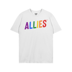 White Allies Rainbow T-shirt with ALLIES in rainbow letters across the chest, symbolizing LGBTQ+ support. A STRANGE ALLIES la
