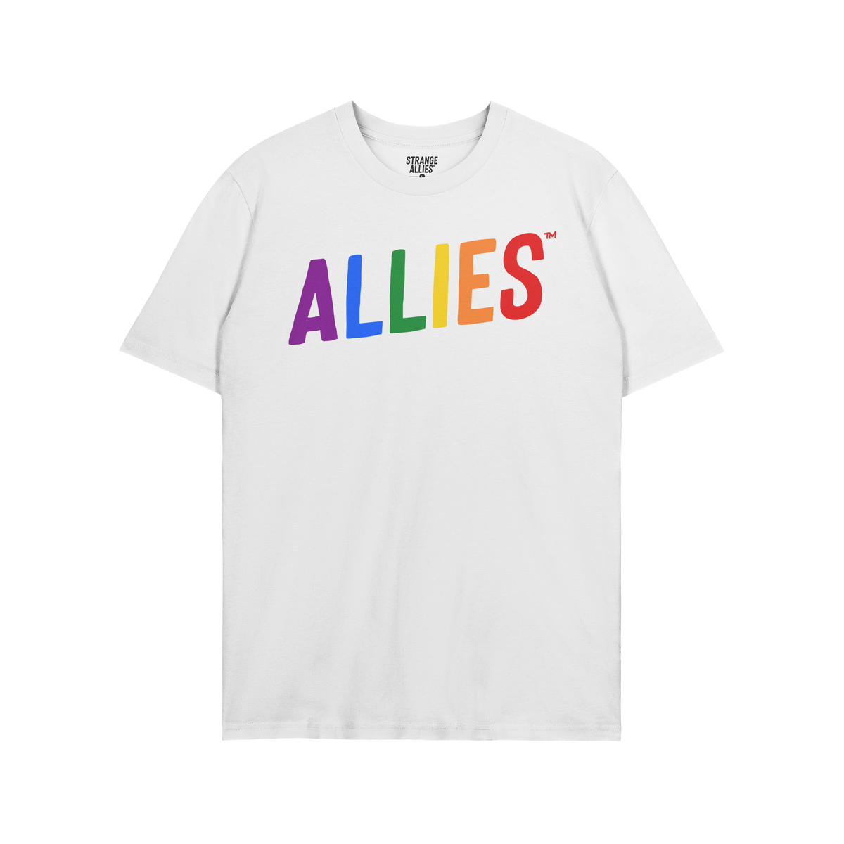 White Allies Rainbow T-shirt with ALLIES in rainbow letters across the chest, symbolizing LGBTQ+ support. A STRANGE ALLIES la