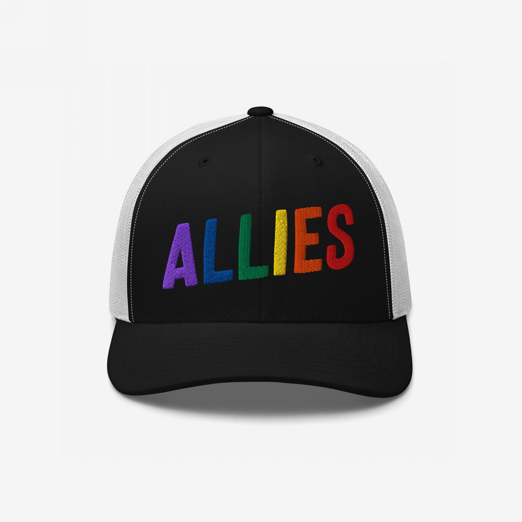 Black-and-white mesh-back trucker cap with ALLIES embroidered in rainbow colors, showcasing support for LGBTQ+ rights. The Allies Rainbow Hat stands as a bold statement of love and equality.