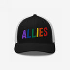 Black-and-white mesh-back trucker cap with ALLIES embroidered in rainbow colors, showcasing support for LGBTQ+ rights. The Allies Rainbow Hat stands as a bold statement of love and equality.
