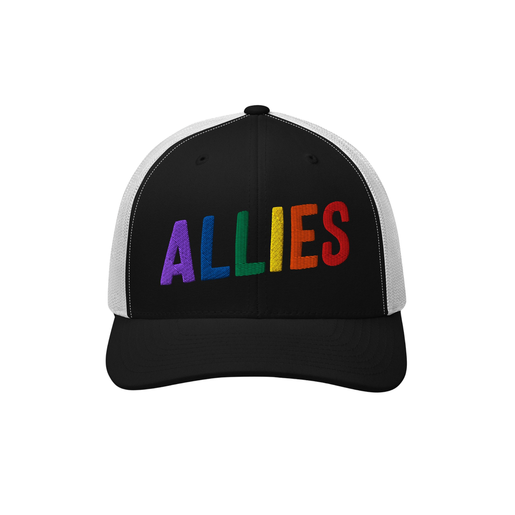 Black-and-white mesh-back trucker cap with ALLIES embroidered in rainbow colors, showcasing support for LGBTQ+ rights. The Al