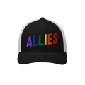 Black-and-white mesh-back trucker cap with ALLIES embroidered in rainbow colors, showcasing support for LGBTQ+ rights. The Al
