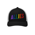 Black-and-white mesh-back trucker cap with ALLIES embroidered in rainbow colors, showcasing support for LGBTQ+ rights. The Al