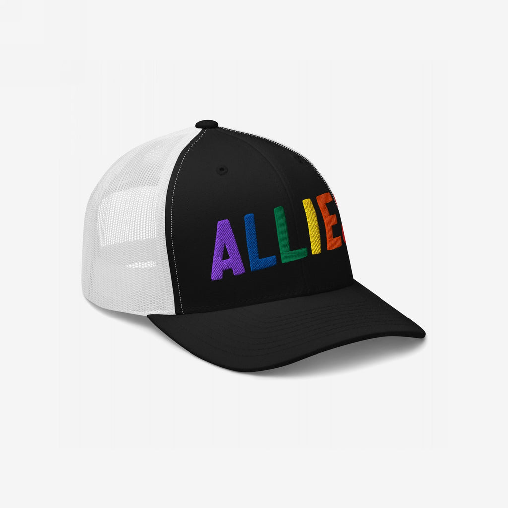 Allies Rainbow Hat: A black-front, white-mesh trucker cap with ALLIES in rainbow embroidery, symbolizing support for LGBTQ+ rights. Perfect for activists and allies, showcasing love and equality boldly.