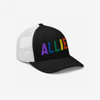 Allies Rainbow Hat: A black-front, white-mesh trucker cap with ALLIES in rainbow embroidery, symbolizing support for LGBTQ+ rights. Perfect for activists and allies, showcasing love and equality boldly.