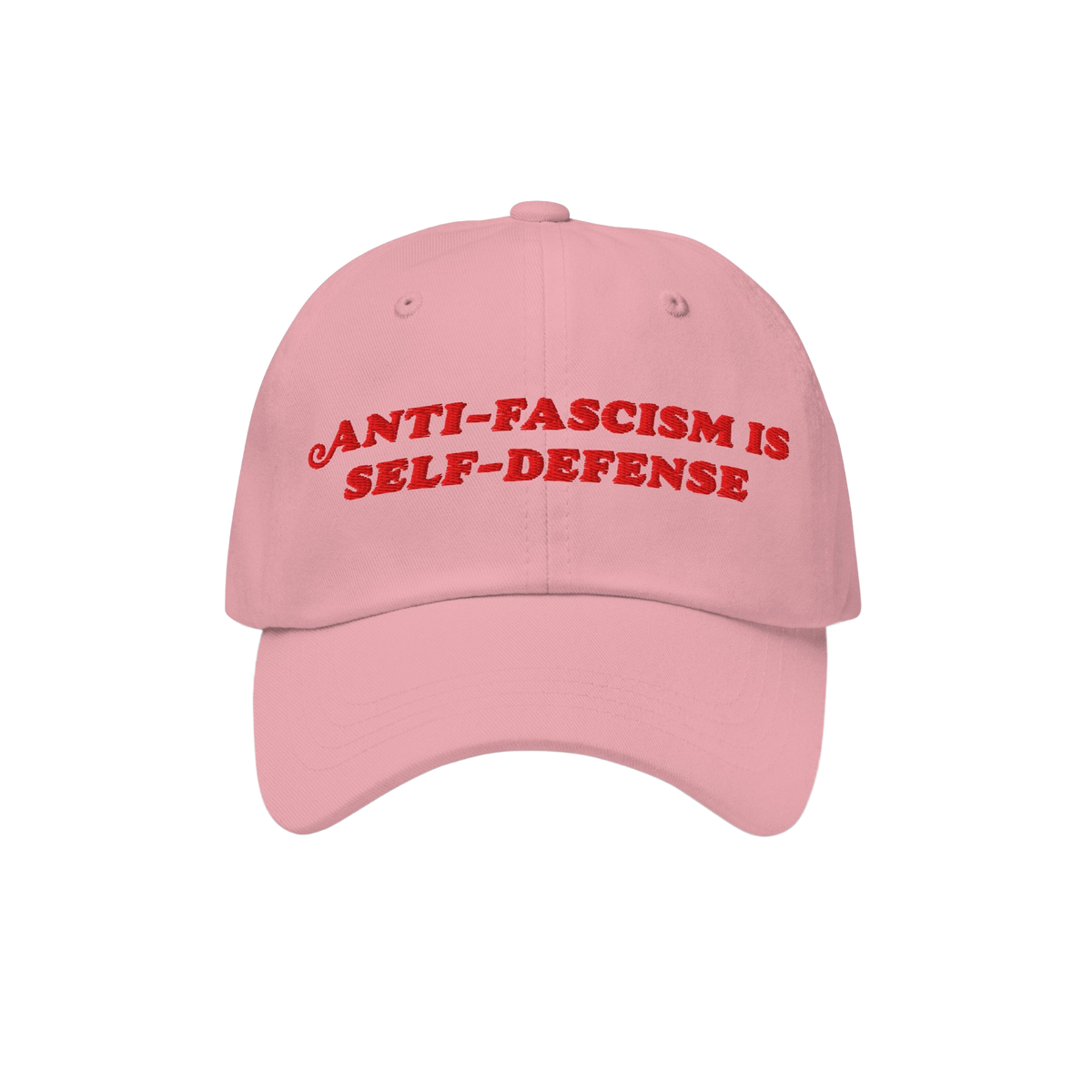 Light-pink Anti Fascism Is Self Defense Hat with bold red embroidery, embodying a retro activist style. Ideal for rallies or 