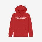 Bright red Anti Fascism Is Self Defense Hoodie with bold white lettering. Features kangaroo pocket. Embodies activism and justice, supporting human rights and equality. Proceeds benefit ACLU.