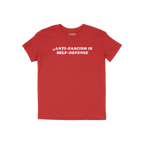 Red T-shirt featuring the slogan “ANTI-FASCISM IS SELF-DEFENSE” in white, embodying activism and timeless style. Part of