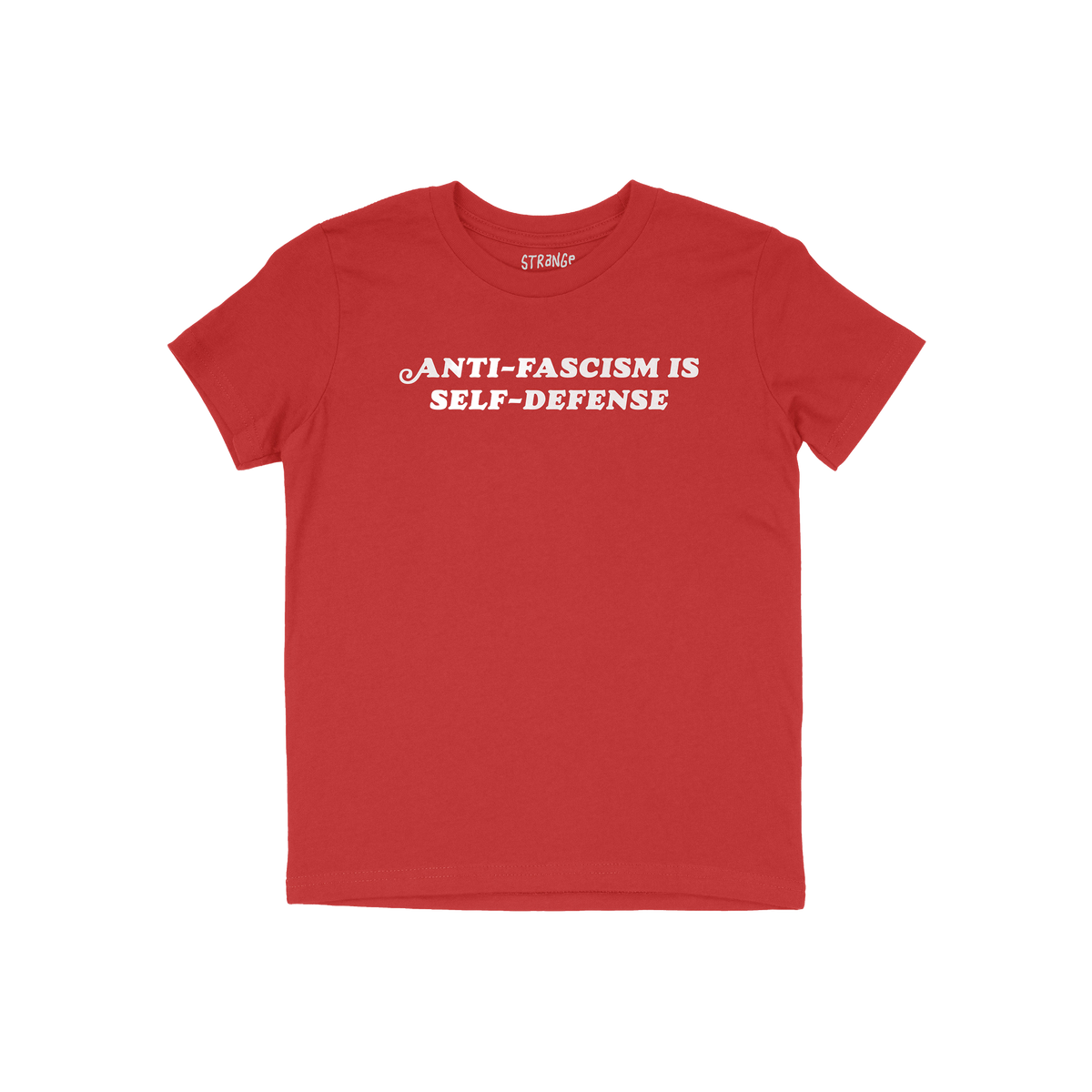 Red T-shirt featuring the slogan “ANTI-FASCISM IS SELF-DEFENSE” in white, embodying activism and timeless style. Part of