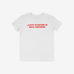 White T-shirt featuring bold red text, “ANTI-FASCISM IS SELF-DEFENSE,” encapsulates a powerful message, merging activism and vintage style, supporting justice and human rights.
