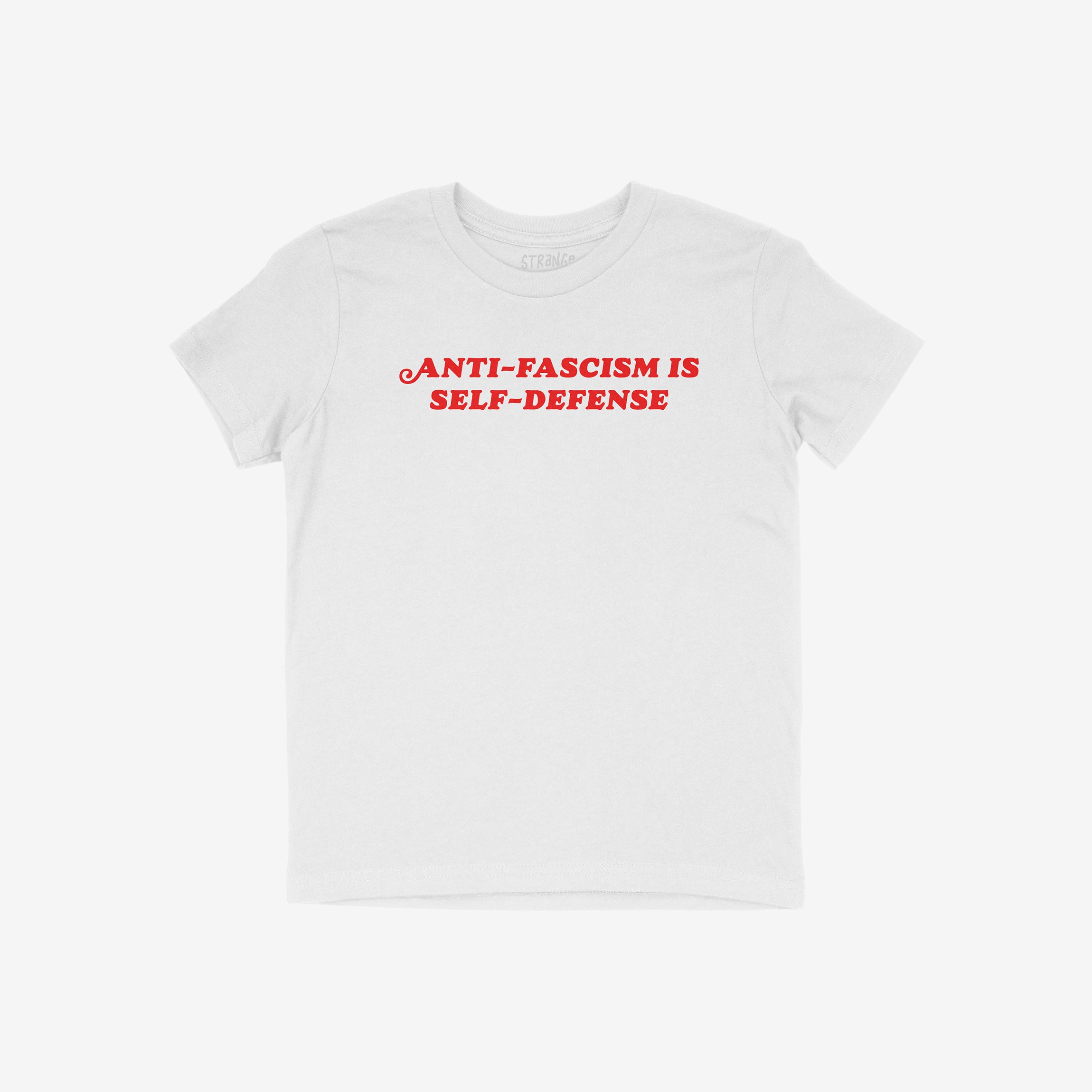 White T-shirt featuring bold red text, “ANTI-FASCISM IS SELF-DEFENSE,” encapsulates a powerful message, merging activism and vintage style, supporting justice and human rights.