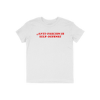 White T-shirt featuring bold red text, “ANTI-FASCISM IS SELF-DEFENSE,” encapsulates a powerful message, merging activism