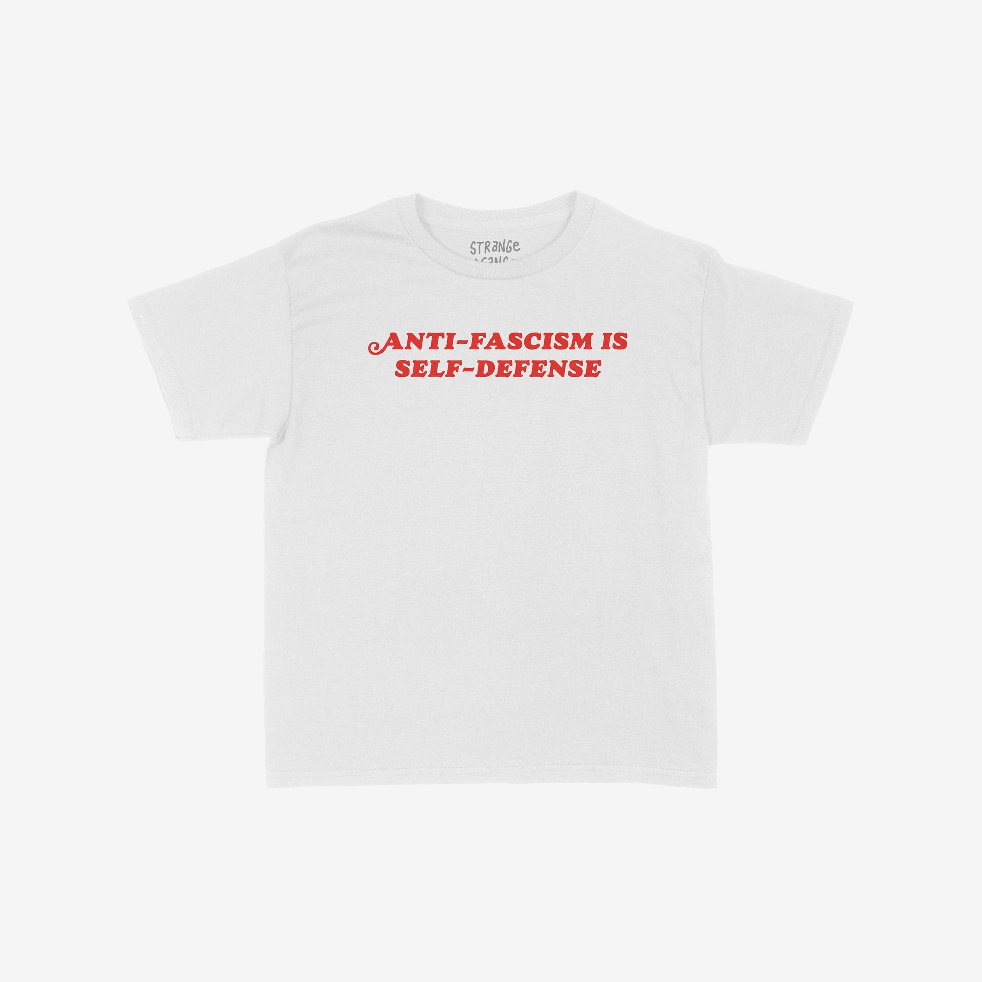 Anti-Fascism Is Self-Defense T-shirt with bold red vintage lettering across the chest, conveying a powerful message of resistance and equality. Available in various fits and sizes for all.