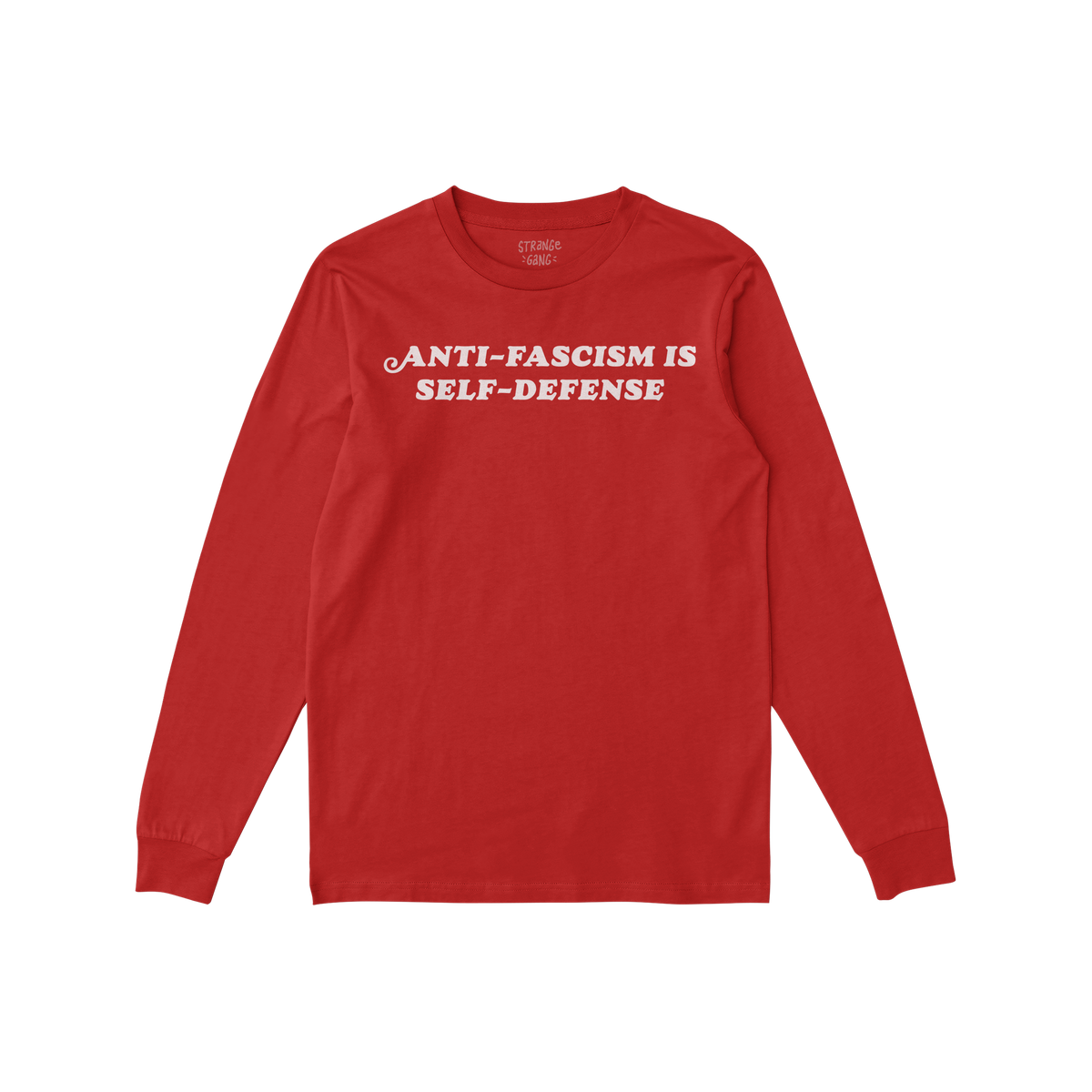 “Anti Fascism Is Self Defense Shirt” features bold white text on a red long-sleeve, combining activism with vintage style