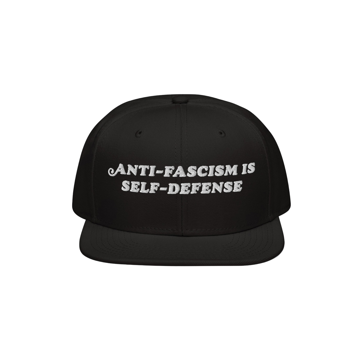 Black snap-back cap with the bold, white embroidered text ANTI-FASCISM IS SELF-DEFENSE, ideal for activists advocating human 