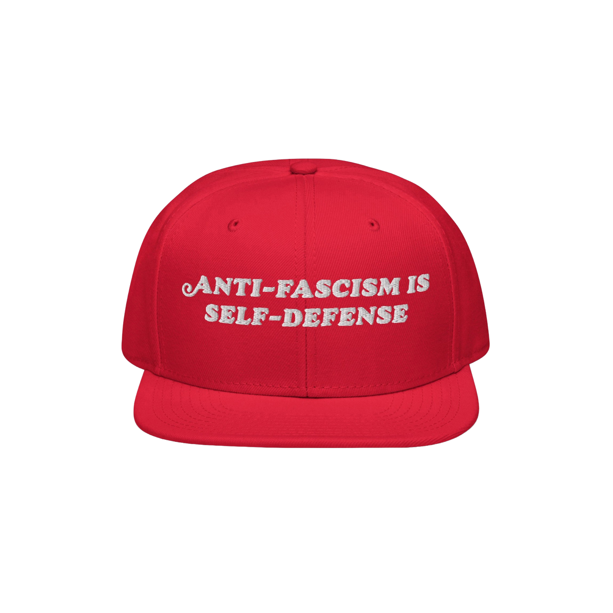 Bright red snapback cap with “ANTI-FASCISM IS SELF-DEFENSE” embroidered in white, embodying activist spirit. Ideal for ra