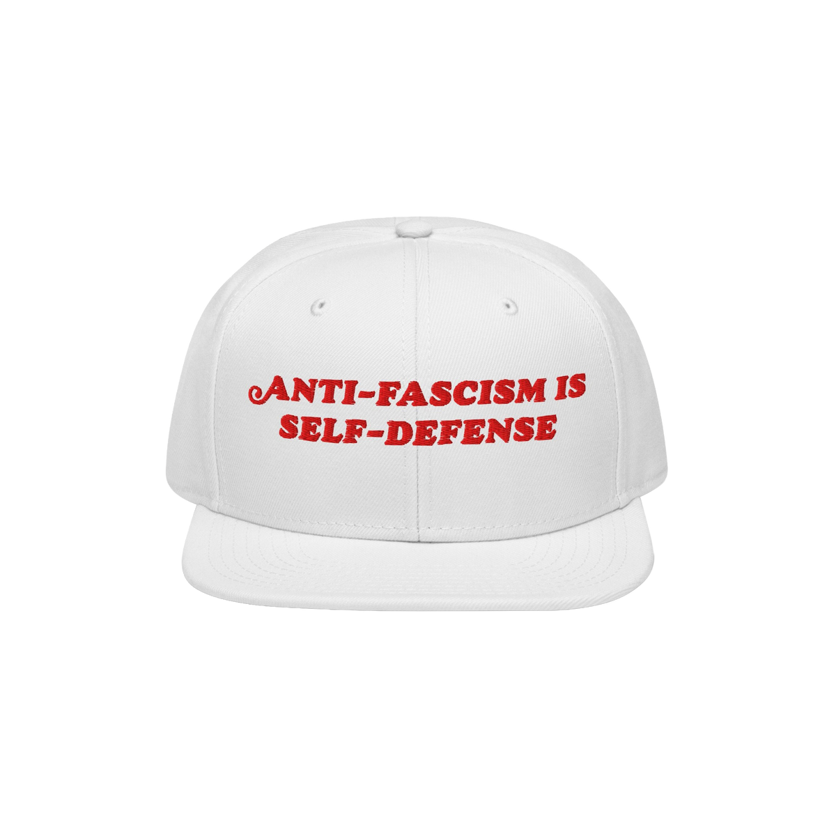 White flat-brimmed cap featuring bold red embroidery reading ANTI-FASCISM IS SELF-DEFENSE for activists and allies, embodying