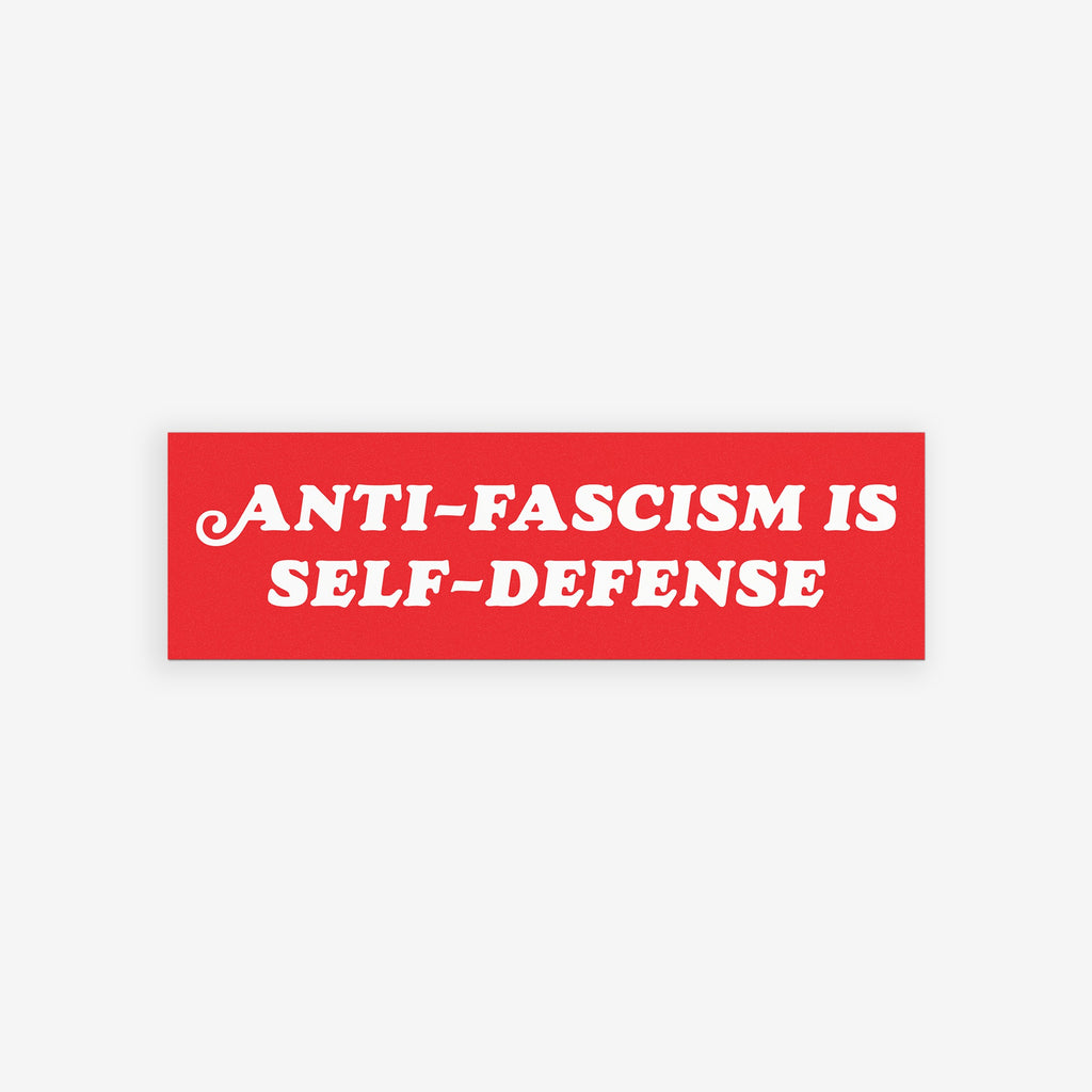 Anti-Fascism Is Self-Defense Sticker & Magnet featuring a crowded protest scene with a bold red banner. Available as a durable, all-weather sticker or magnet, perfect for expressing bold, clear stances.