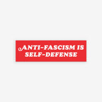 Anti-Fascism Is Self-Defense Sticker & Magnet featuring a crowded protest scene with a bold red banner. Available as a durable, all-weather sticker or magnet, perfect for expressing bold, clear stances.